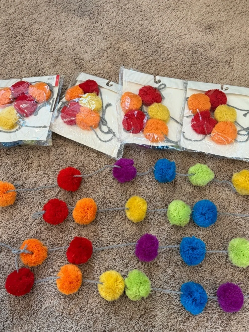 New set of 6 strands of multi color rainbow pom pom garland decoration party